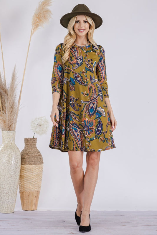 Celeste Full Size Paisley Print Round Neck Dress with Pockets Olive Paisley Mini Dresses JT's Designer Fashion