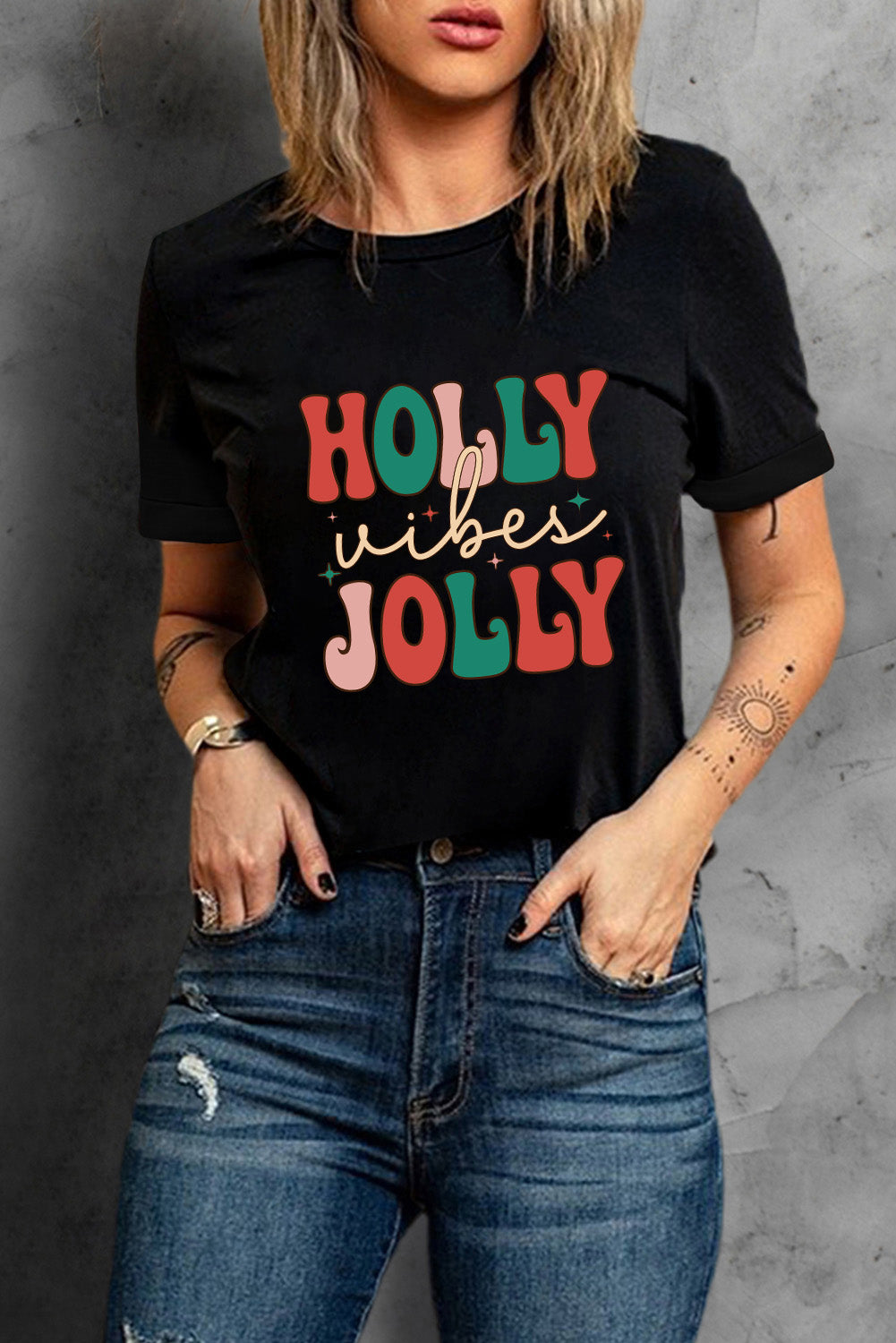 Black HOLLY JOLLY Vibes Christmas Crew Neck T Shirt Graphic Tees JT's Designer Fashion