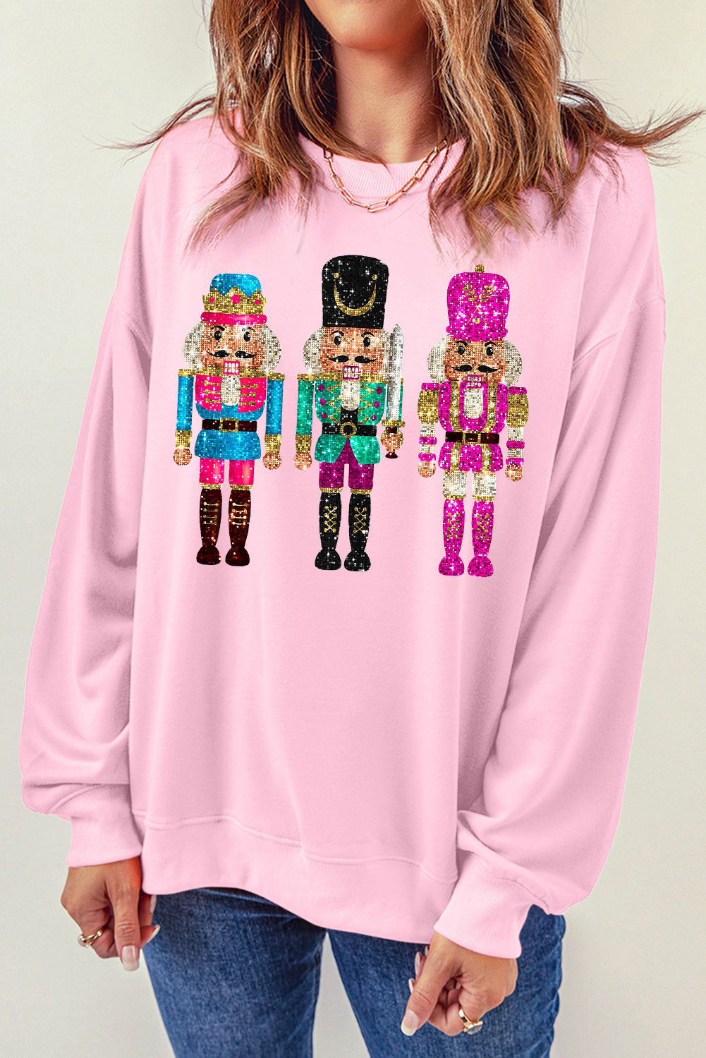 Pink Cute Nutcracker Printed Drop Shoulder Christmas Sweatshirt Graphic Sweatshirts JT's Designer Fashion