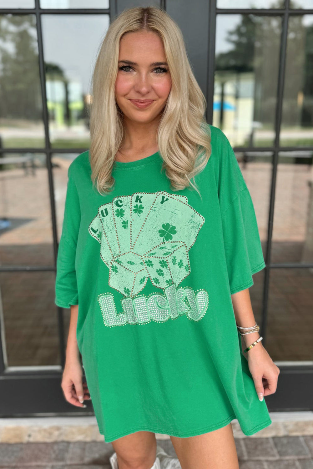 Bright Green Rhinestone Lucky Poker Cards Oversized T Shirt Mini Dress T Shirt Dresses JT's Designer Fashion