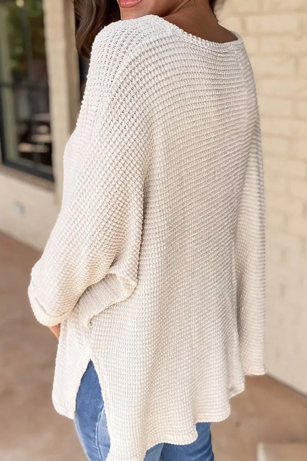 Waffle-Knit Slit V-Neck Long Sleeve Blouse Long Sleeve Tops JT's Designer Fashion