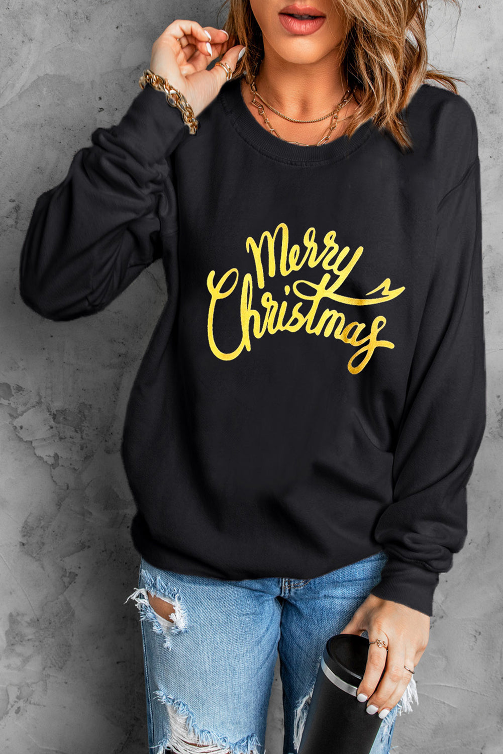 Black Merry Christmas Letter Graphic Drop Shoulder Sweatshirt Black 50%Polyester+50%Cotton Graphic Sweatshirts JT's Designer Fashion