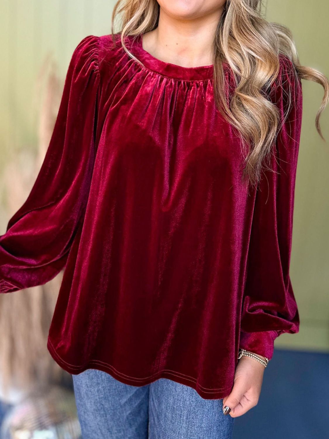 Ruched Round Neck Long Sleeve Blouse Burgundy Long Sleeve Tops JT's Designer Fashion