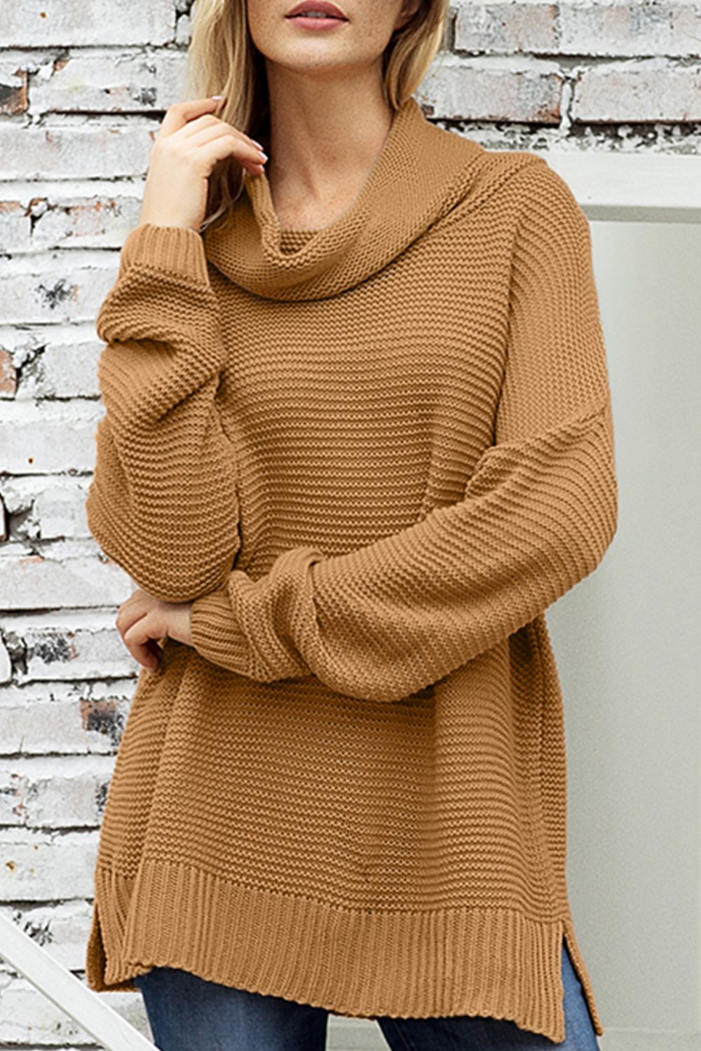 Side Slit Turtleneck Long Sleeve Sweater Caramel Long Sleeve Tops JT's Designer Fashion