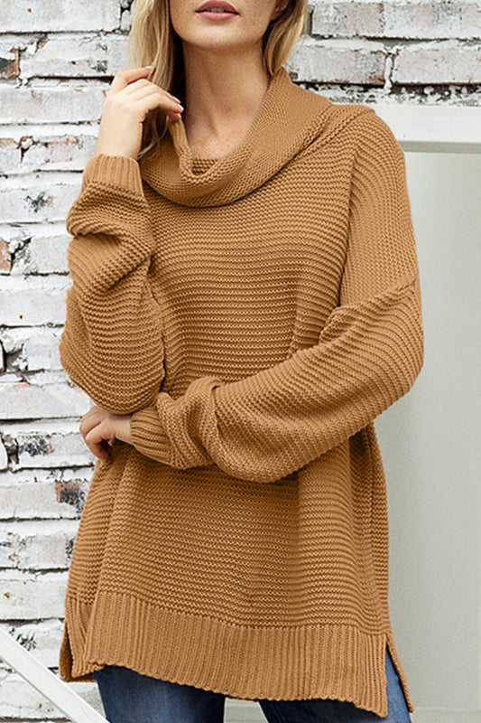 Side Slit Turtleneck Long Sleeve Sweater Caramel Long Sleeve Tops JT's Designer Fashion