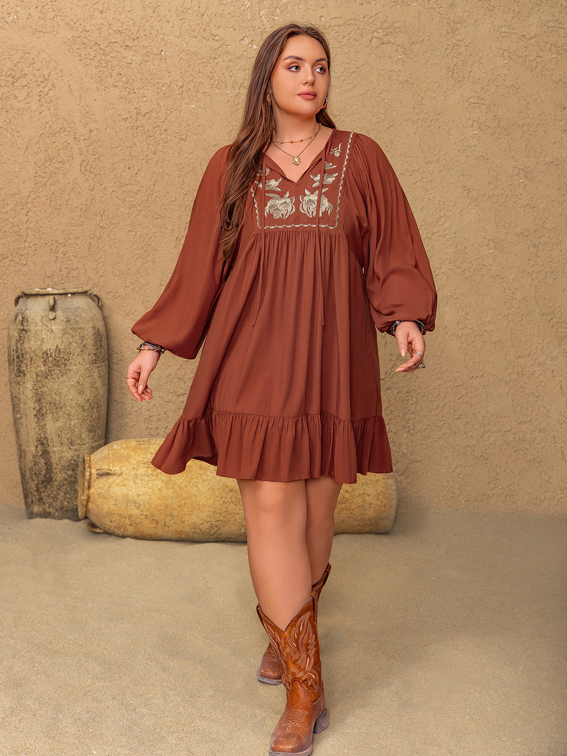 Plus Size Embroidered Tie Neck Balloon Sleeve Mini Dress Mini Dresses JT's Designer Fashion