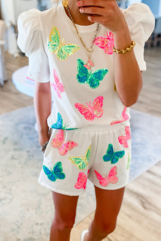 White Colorful Sequin Butterfly Pattern Puff Sleeve Top Shorts Set Bottoms JT's Designer Fashion