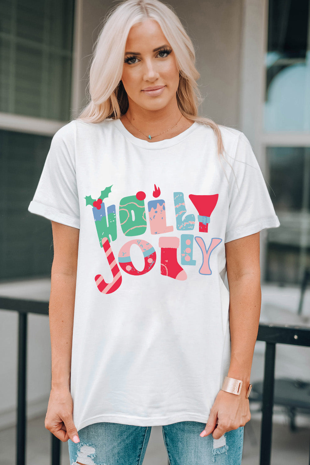 White HOLLY JOLLY Xmas Fashion Printed T-shirt Graphic Tees JT's Designer Fashion