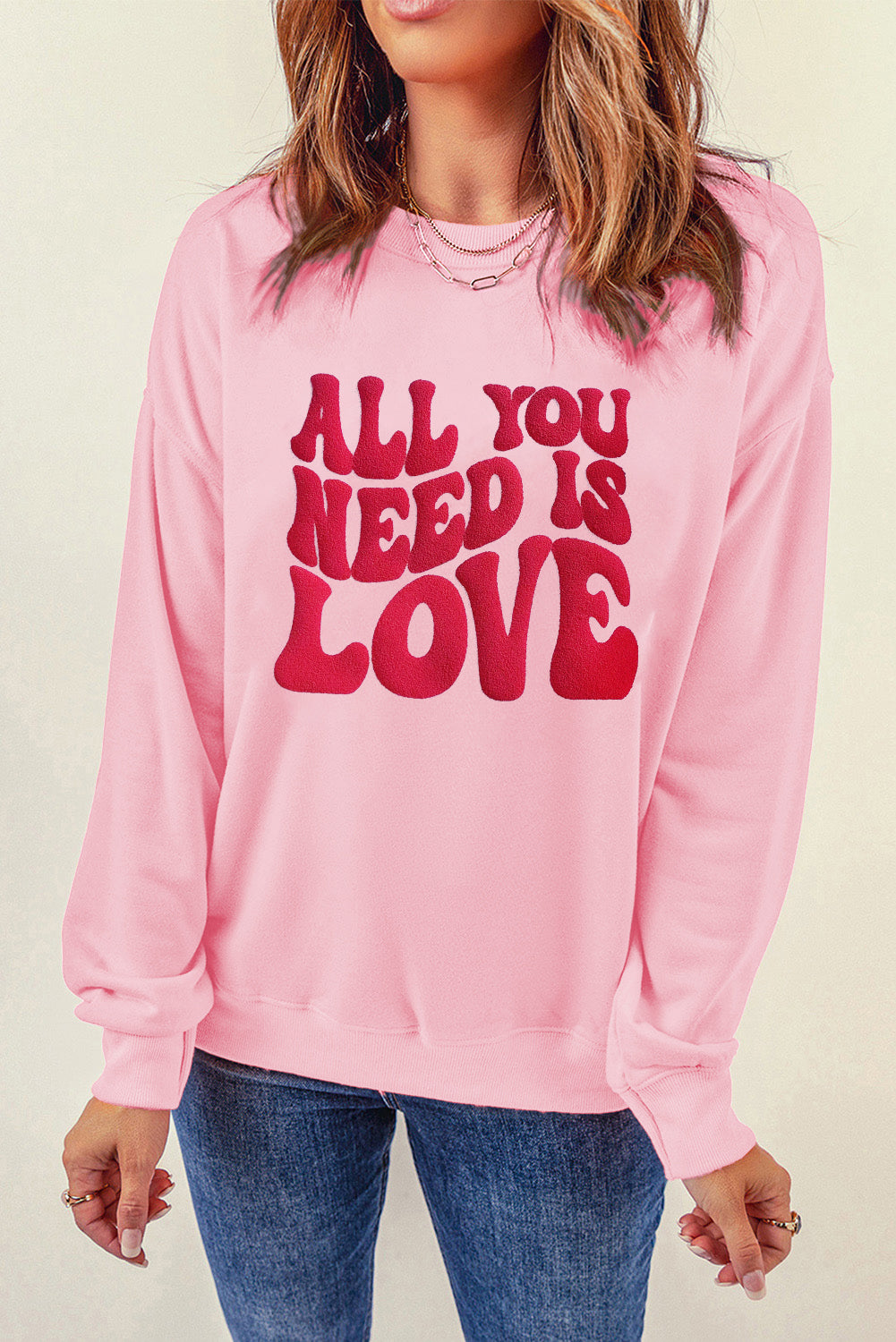 Pink ALL YOU NEED IS LOVE Valentines Slogan Printed Sweatshirt Graphic Sweatshirts JT's Designer Fashion