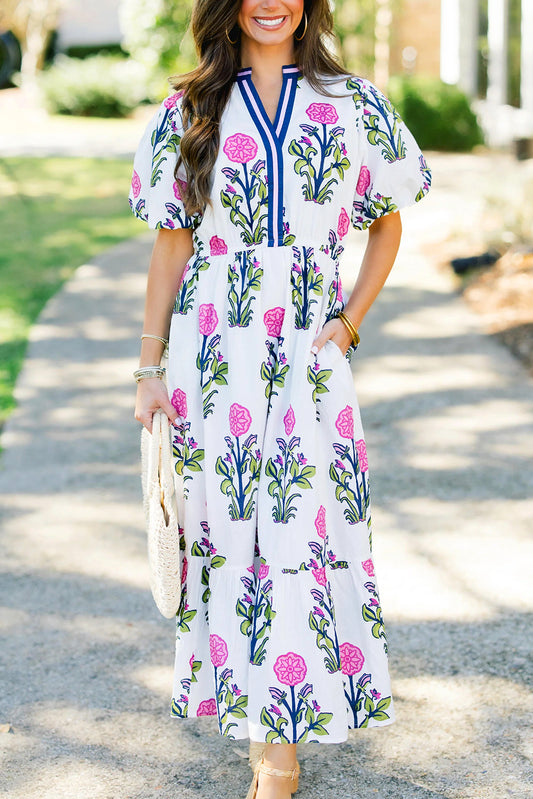 White Floral Puff Short Sleeve V Neck High Waist Maxi Dress Floral Dresses JT's Designer Fashion