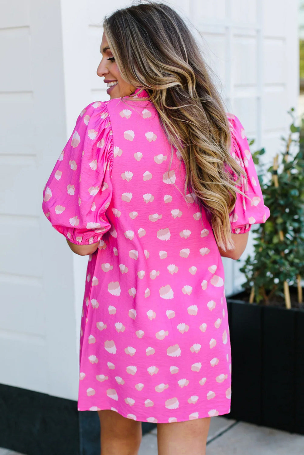 Bright Pink Printed Shirred Yoke Half Puff Sleeve Dress Mini Dresses JT's Designer Fashion