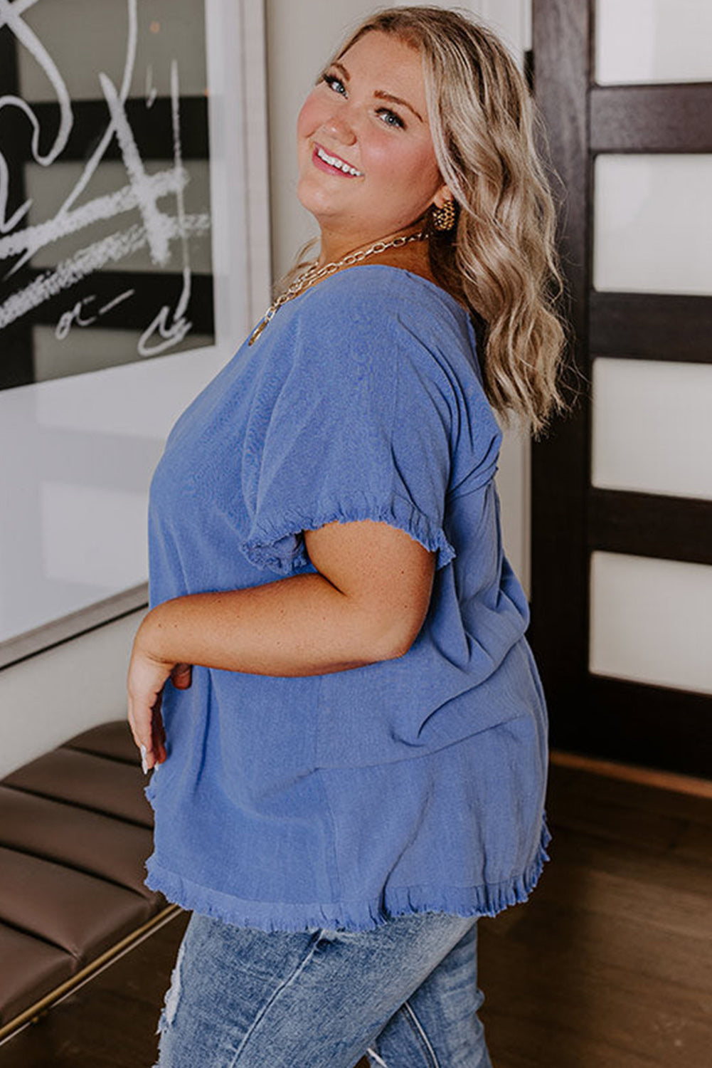 Ashleigh Blue Solid Color Short Sleeve Frayed Edge Plus Top Plus Size JT's Designer Fashion