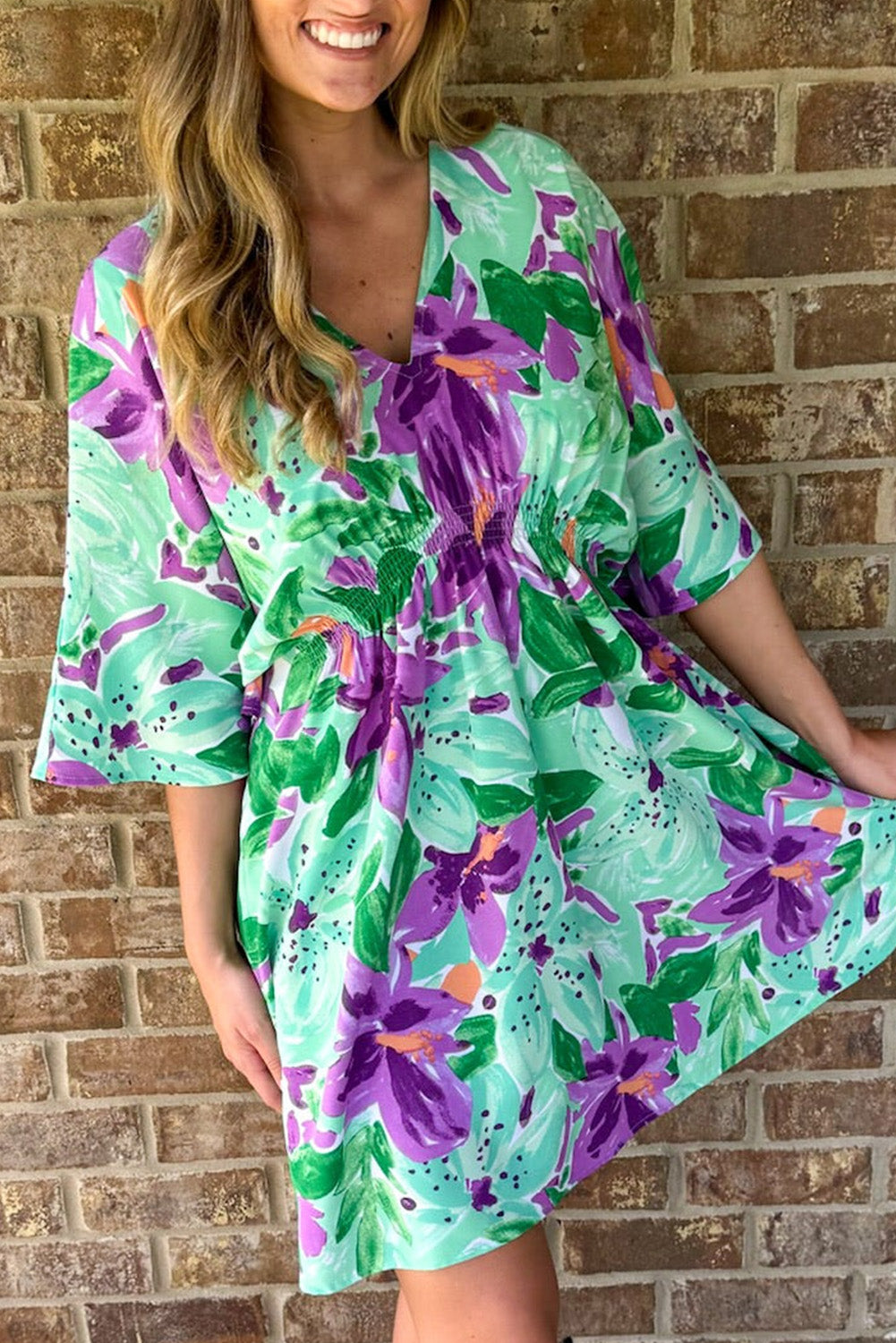 Green Boho Floral Half Sleeve V Neck Shirred Waist Mini Dress Floral Dresses JT's Designer Fashion