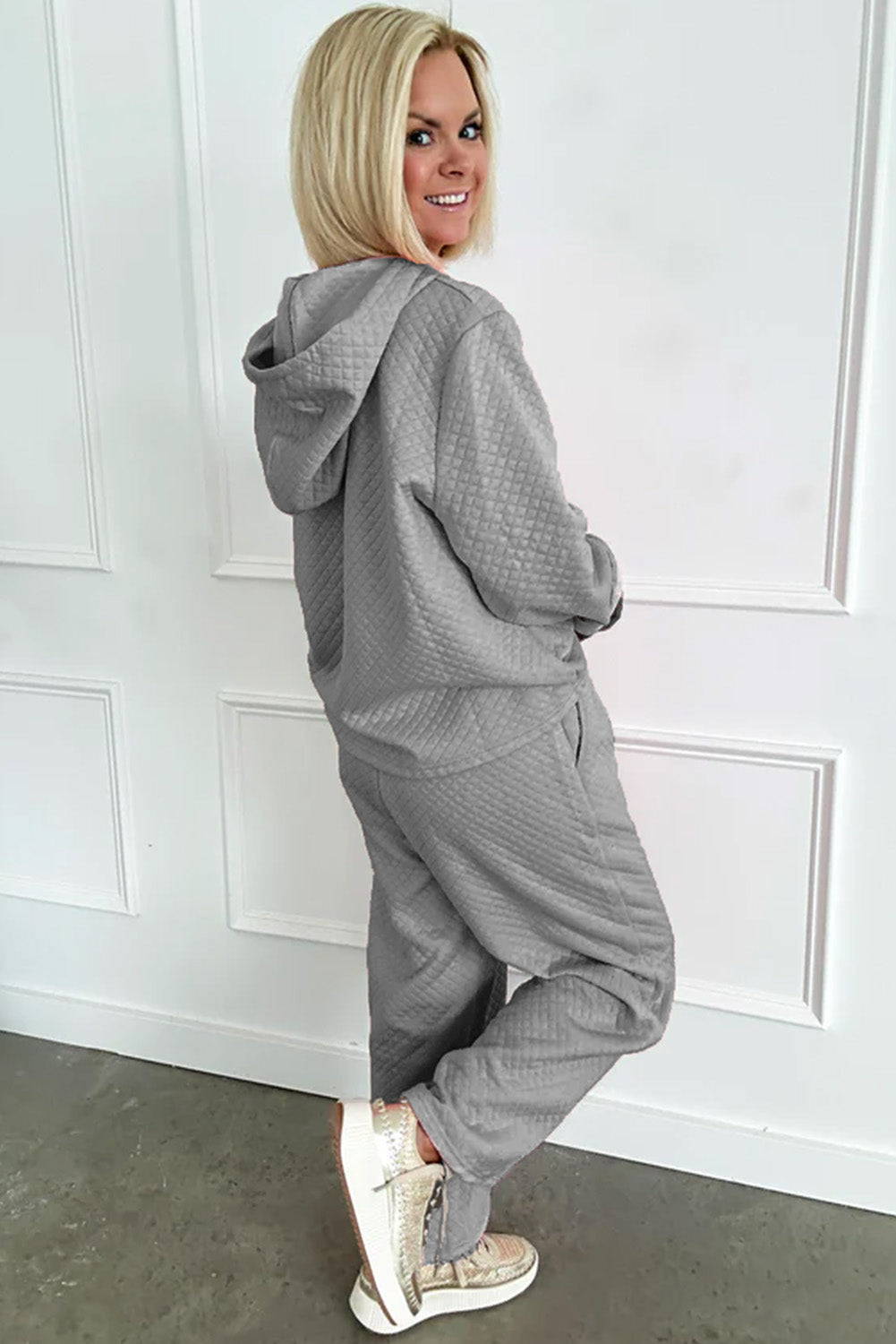 Gray Solid Color Drawstring Hoodie and Wide Leg Pants Set Pant Sets JT's Designer Fashion