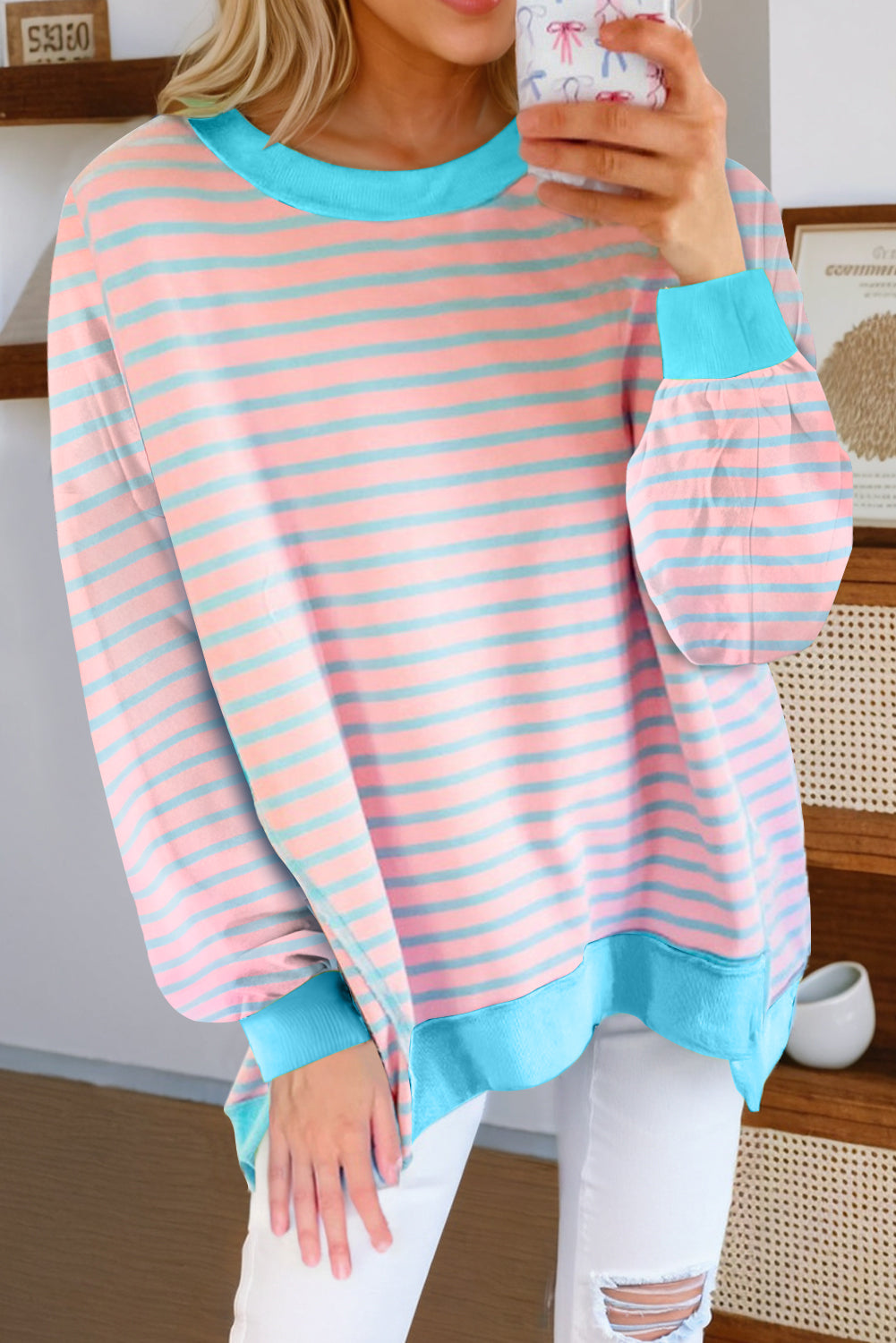 Pink Stripe Contrast Trim High Low Pullover Tunic Sweatshirt Sweatshirts & Hoodies JT's Designer Fashion