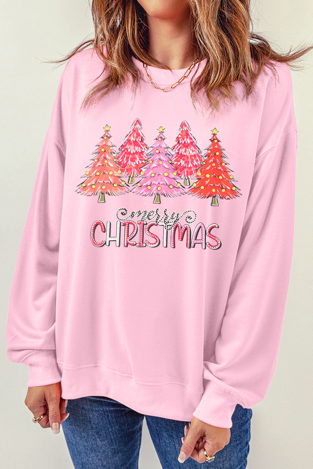 Pink Rhinestone Merry CHRISTMAS Christmas Tree Graphic Sweatshirt Graphic Sweatshirts JT's Designer Fashion