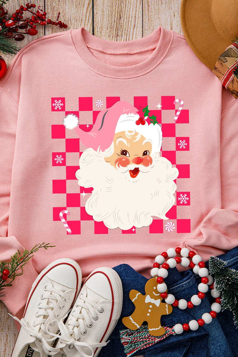 Pink Fancy Checkered Father Christmas Graphic Sweatshirt Graphic Sweatshirts JT's Designer Fashion