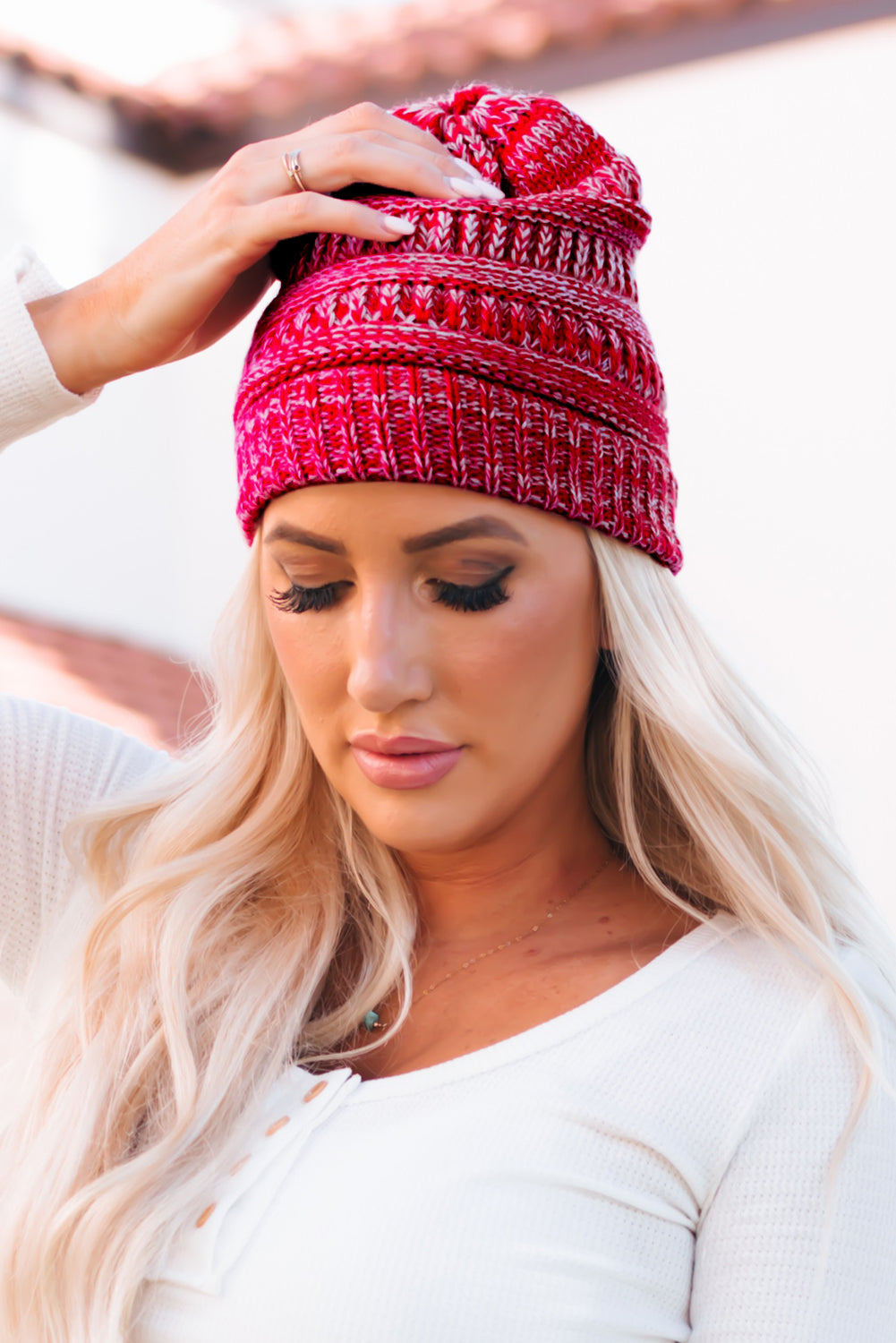 Rose Chunky Marled Knit Ponytail Beanie Hats & Caps JT's Designer Fashion