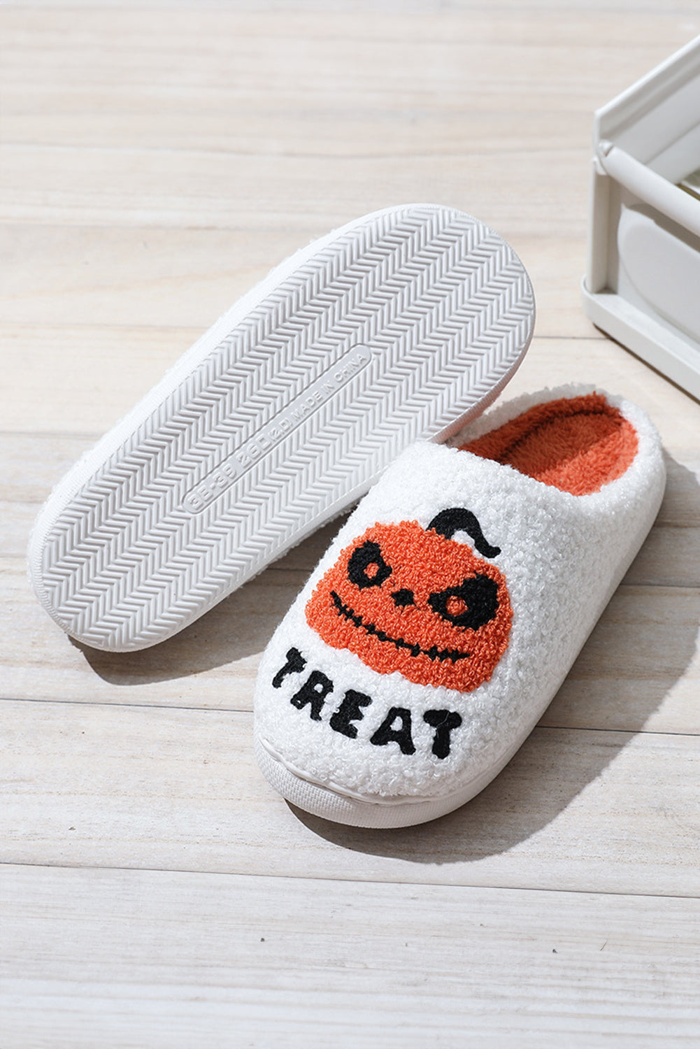 White Halloween Pumpkin Trick Or Treat Plush Slippers Slippers JT's Designer Fashion