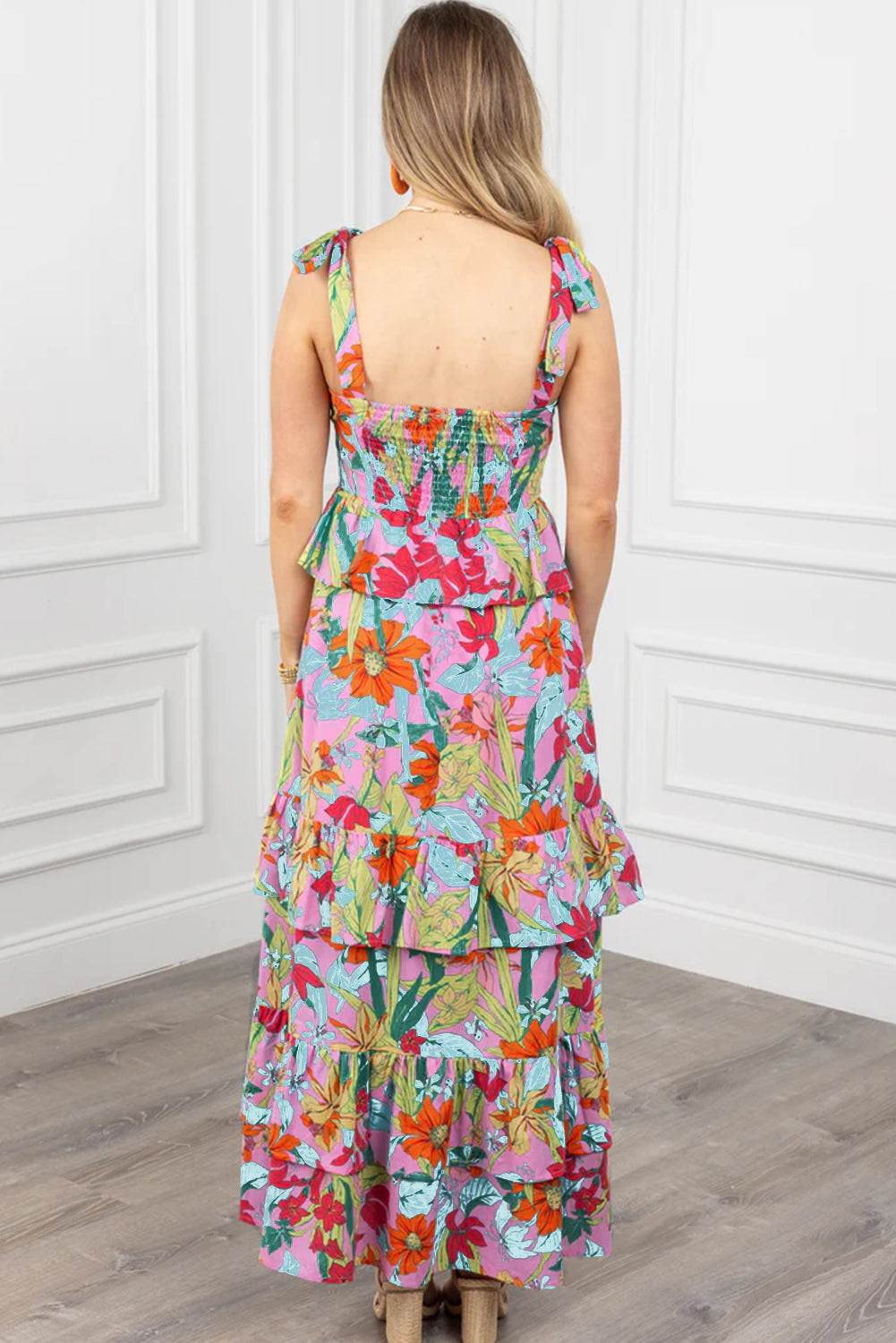 Multicolour Floral Print Shirred Backless Tiered Ruffled Maxi Dress Maxi Dresses JT's Designer Fashion