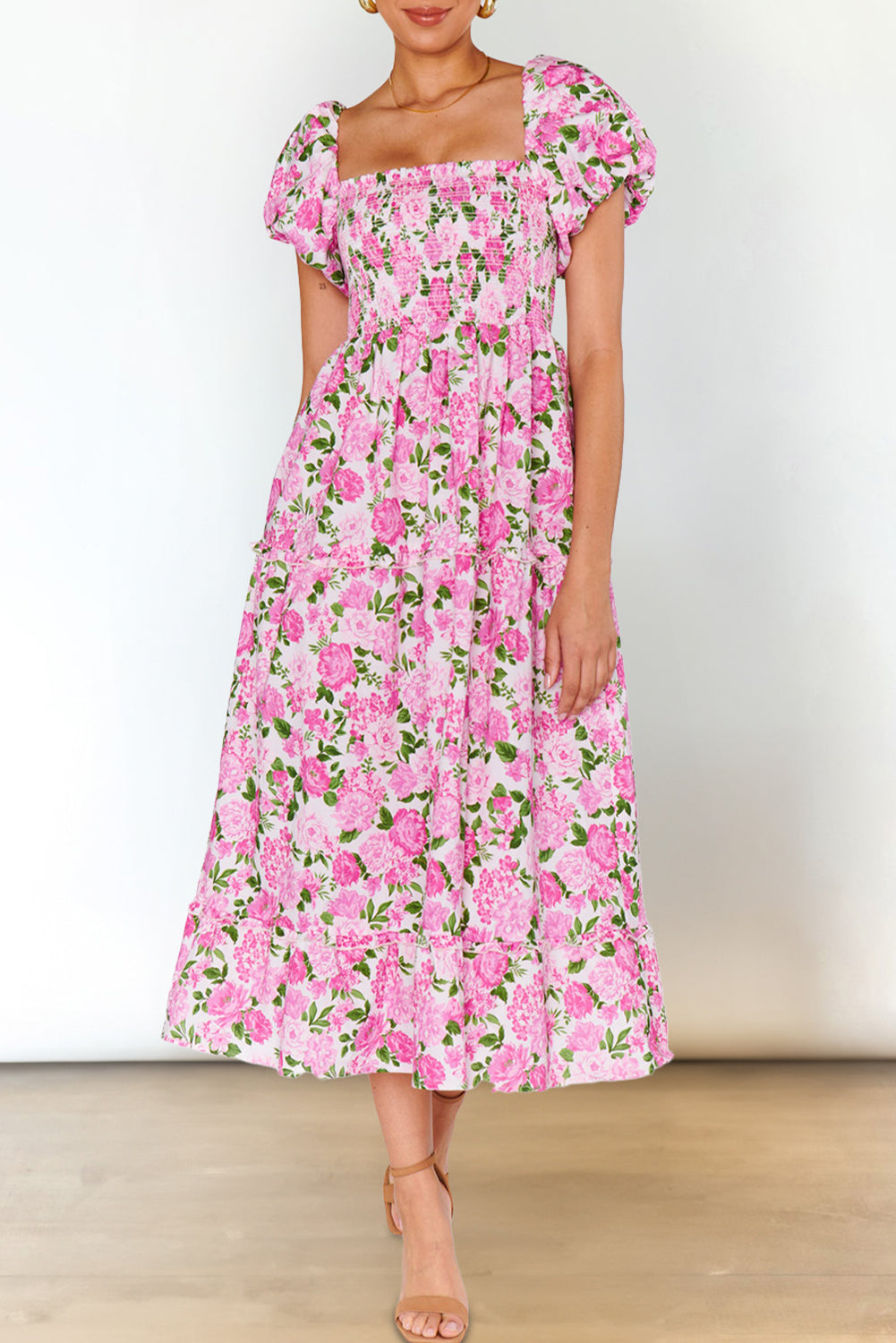 Pink Dainty Floral Smocked Puff Sleeve Flowy Long Dress Maxi Dresses JT's Designer Fashion