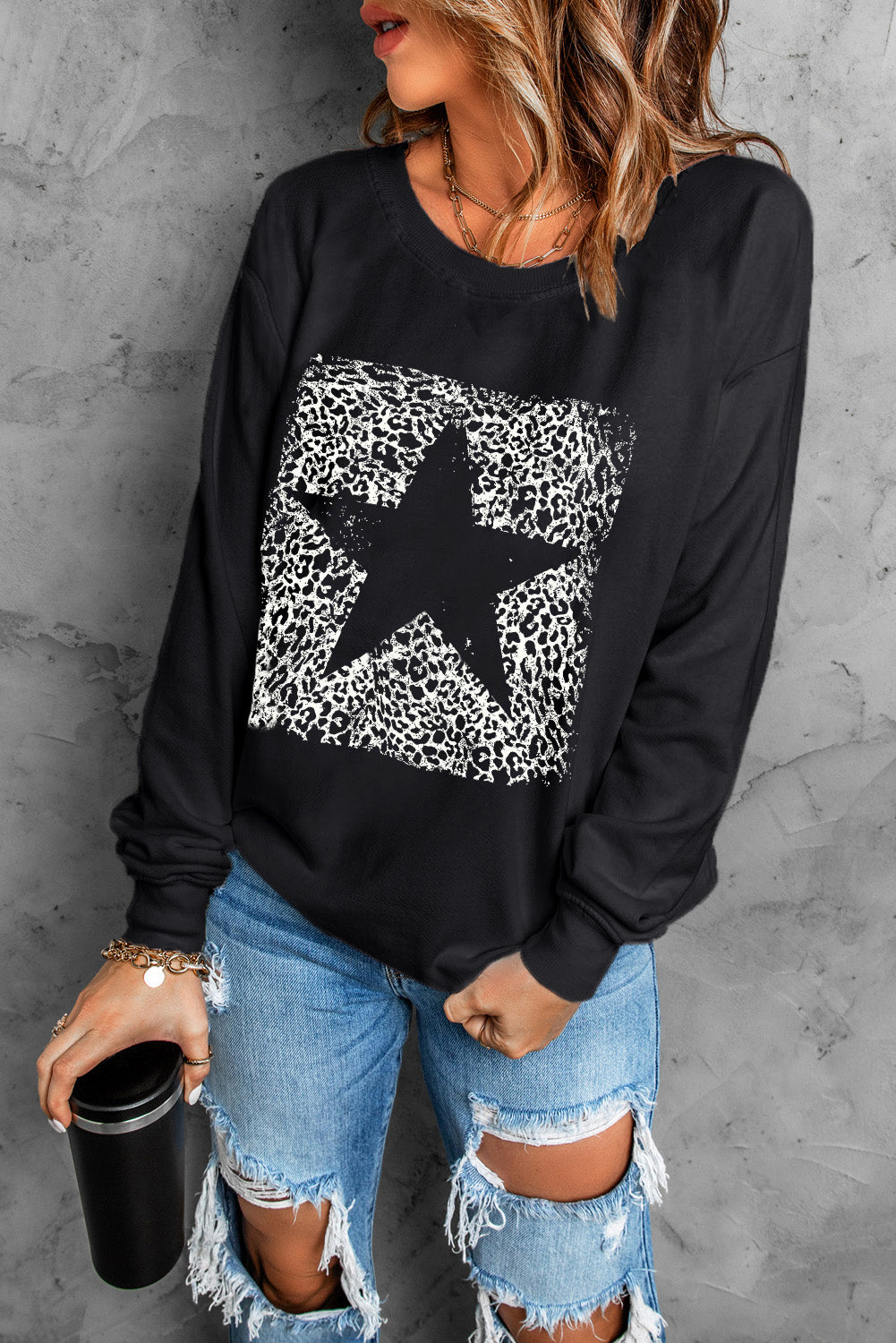 Black Leopard Star Print Sweatshirt Graphic Sweatshirts JT's Designer Fashion