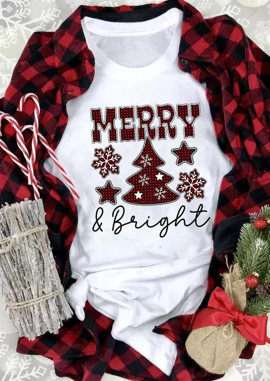 White MERRY and Bright Plaid Print Christmas Crewneck T Shirt Graphic Tees JT's Designer Fashion