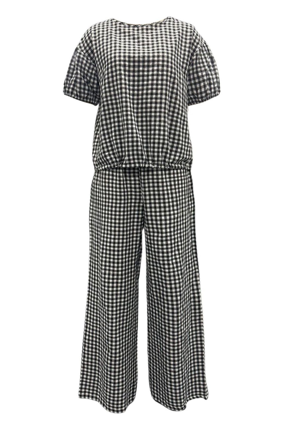 Full Size Plaid Round Neck Half Sleeve Top and Pants Set Pant Sets JT's Designer Fashion