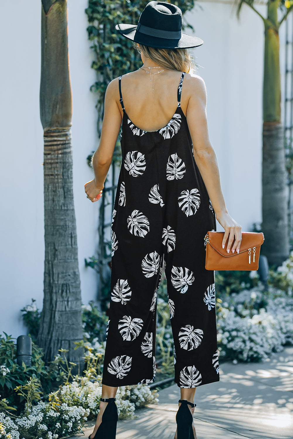 Black Palm Leaves Print Spaghetti Strap Wide Leg Jumpsuit Jumpsuits & Rompers JT's Designer Fashion