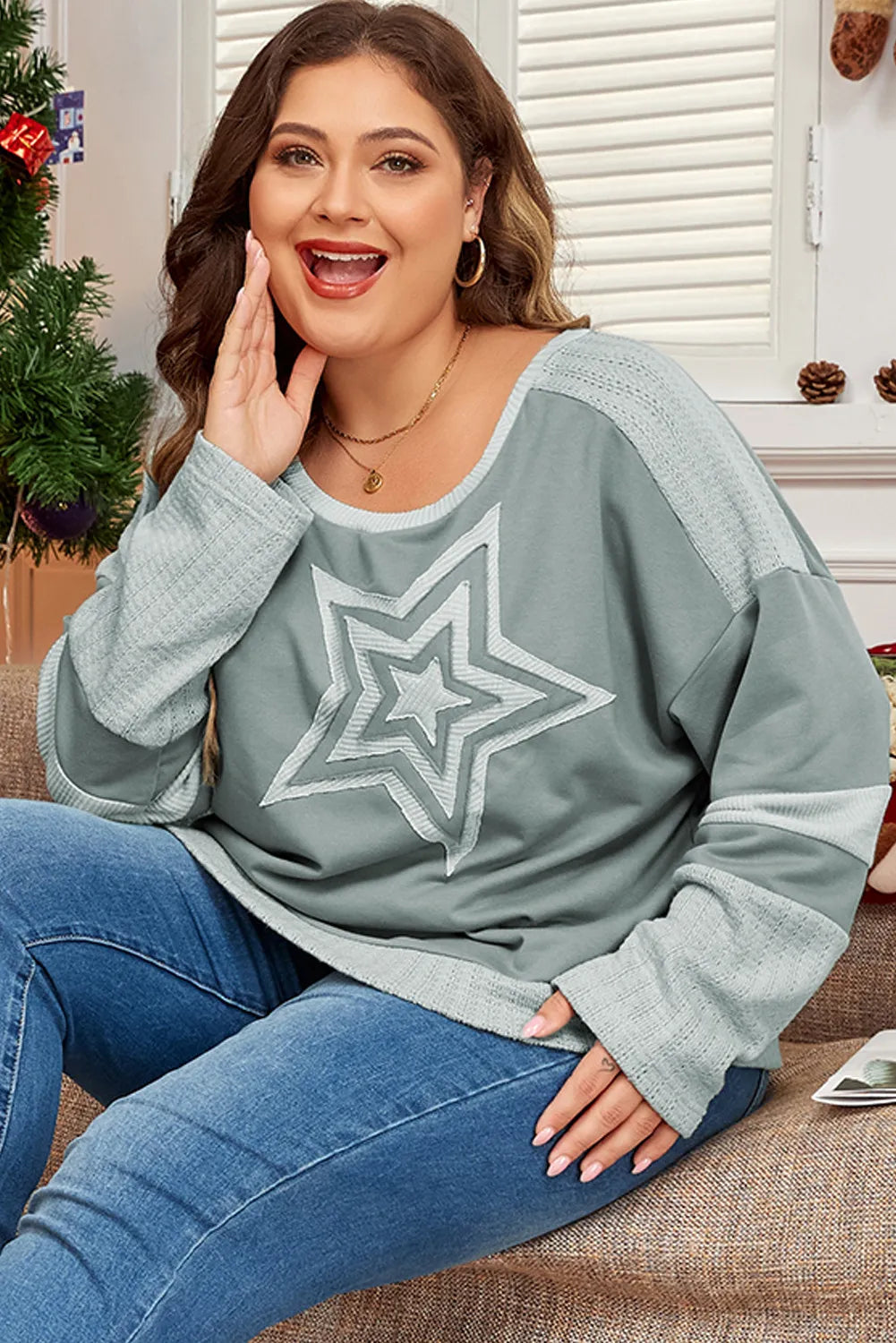 Plus Size Star Round Neck Long Sleeve Top Long Sleeve Tops JT's Designer Fashion