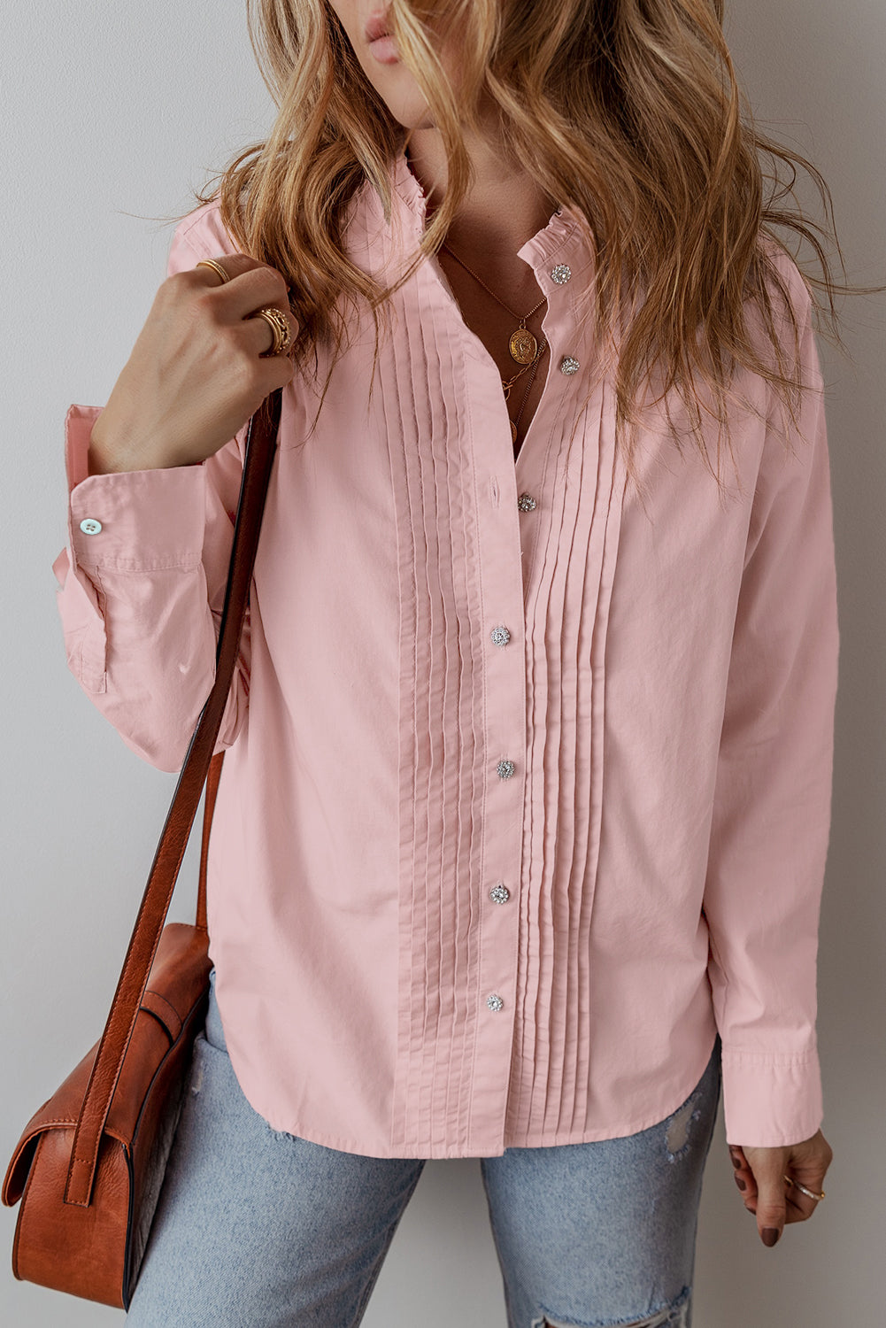 Light Pink Pleated Button-Up Loose Fit Casual Shirt Blouses & Shirts JT's Designer Fashion