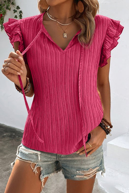 Rose Red Textured Ruffled Sleeve Top Tops & Tees JT's Designer Fashion