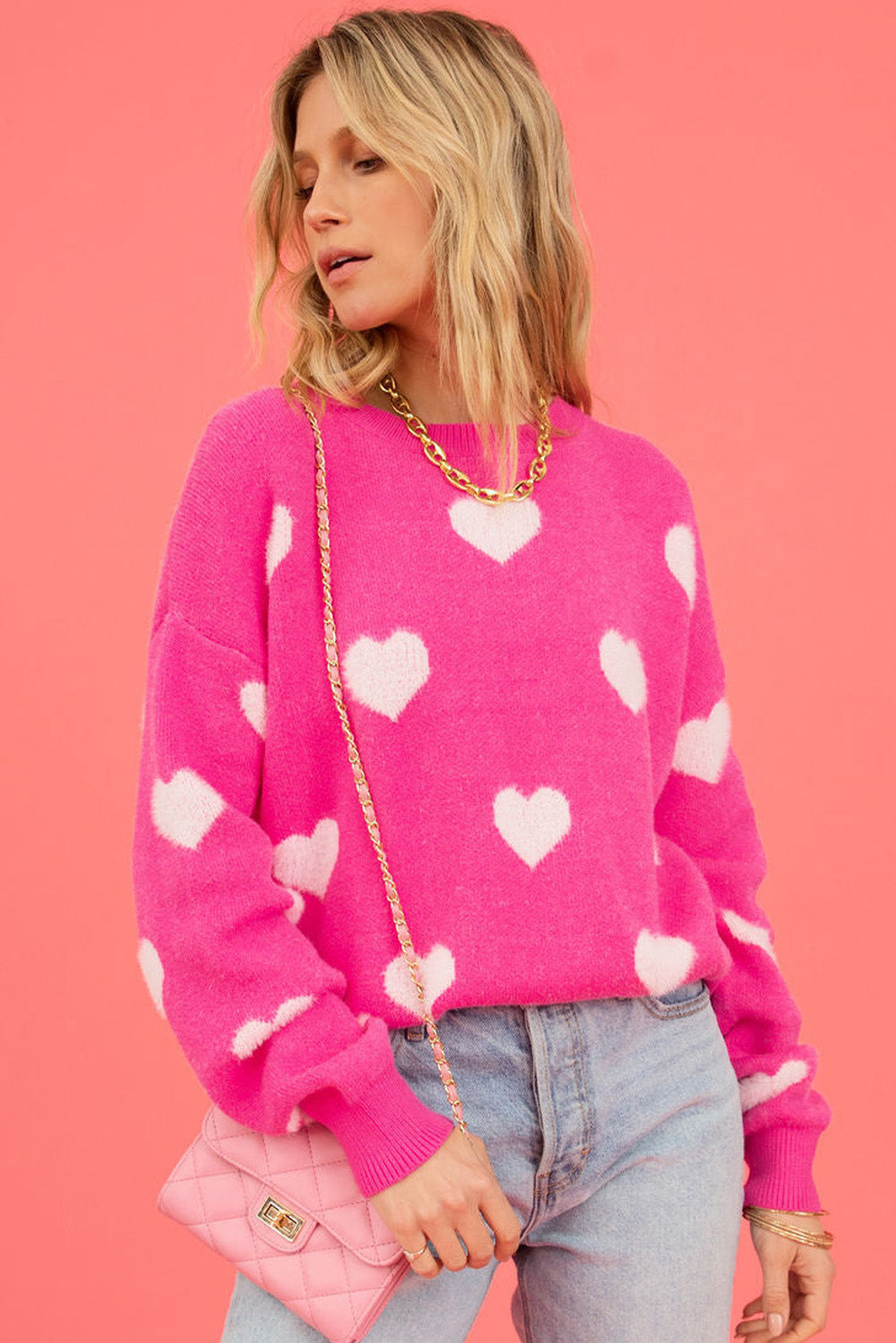 Bright Pink Fuzzy Valentine Hearts Drop Shoulder Sweater Sweaters & Cardigans JT's Designer Fashion