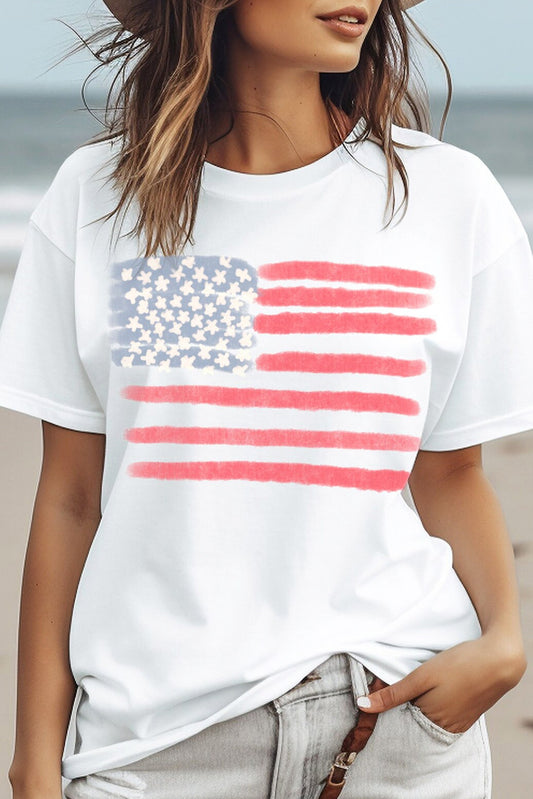 White American Flag Pattern Crew Neck Short Sleeve Tee Graphic Tees JT's Designer Fashion