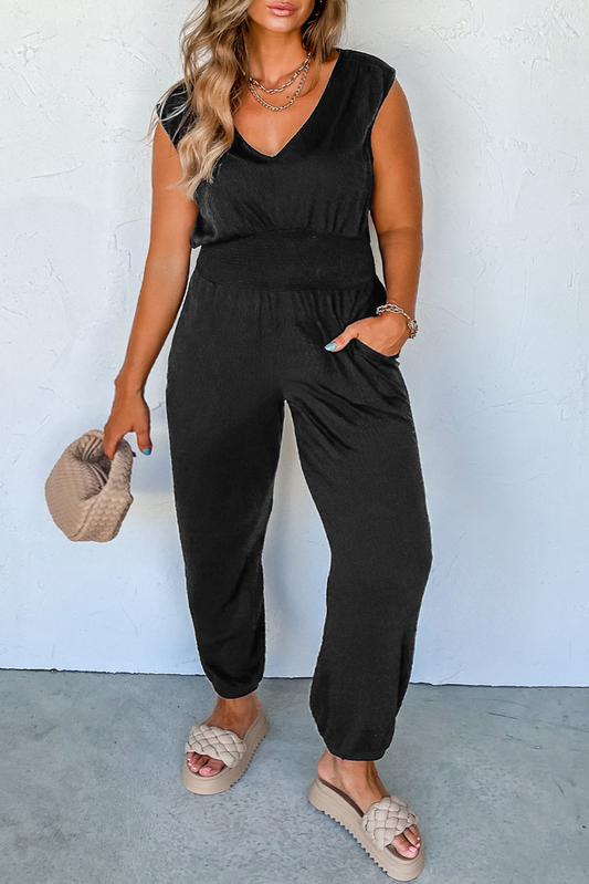 Black Plus Smocked High Waist Sleeveless V Neck Jumpsuit Plus Size JT's Designer Fashion