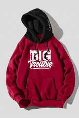 Fiery Red Men's Letter Print Pocketed Color Block Long Sleeve Hoodie Men's Tops JT's Designer Fashion