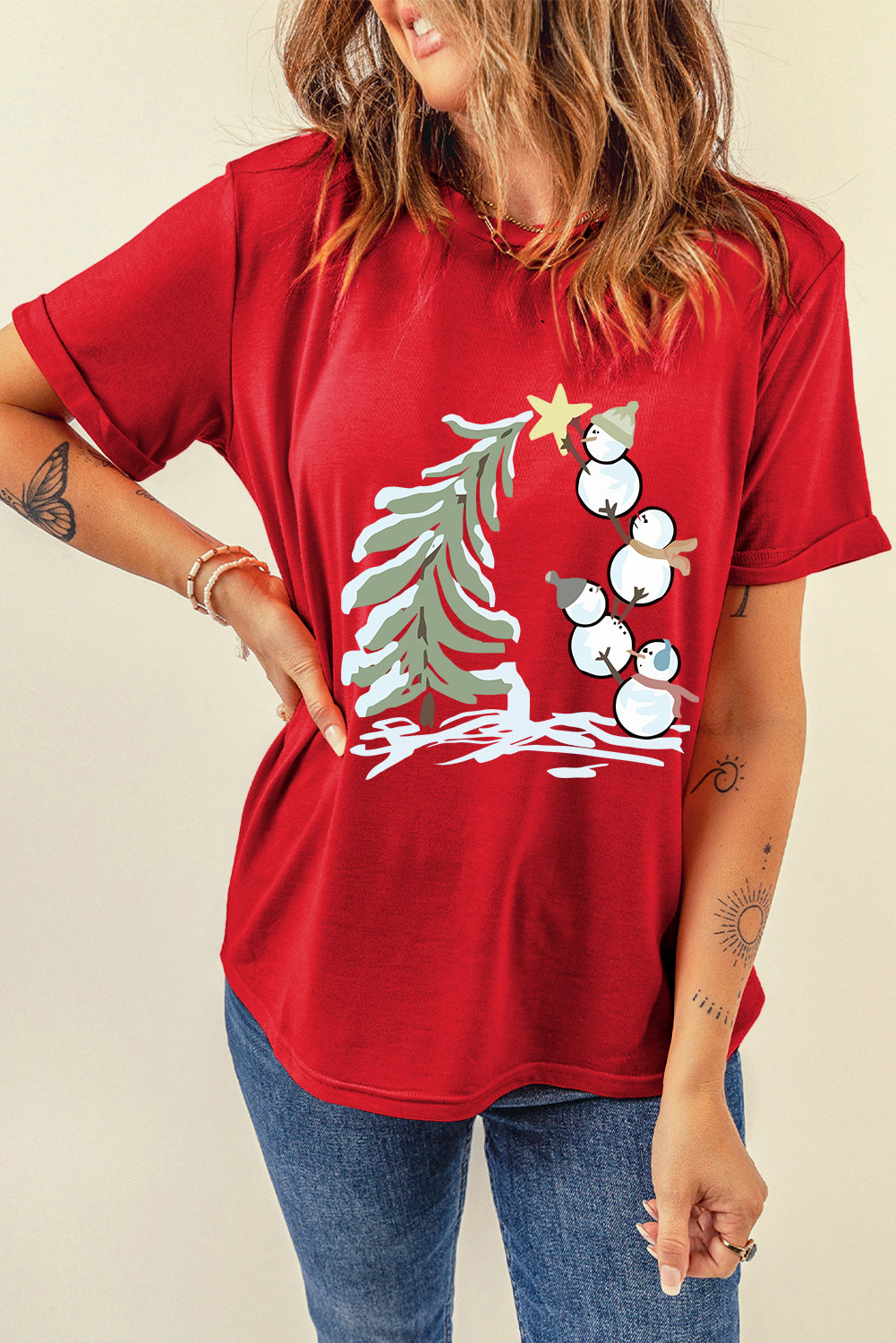 Red Christmas Tree Snowman Printed Crewneck T Shirt Graphic Tees JT's Designer Fashion