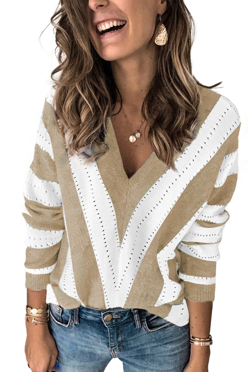 Khaki Striped Colorblock V Neck Knitted Sweater Sweaters & Cardigans JT's Designer Fashion