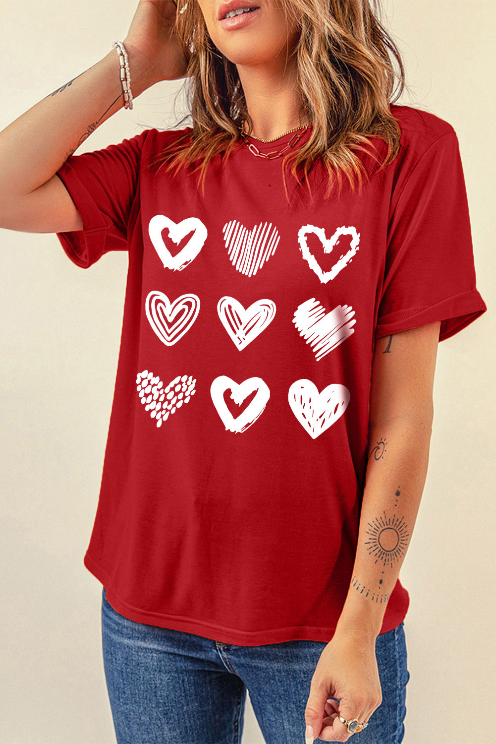 Fiery Red Valentines Heart Pattern Graphic Tee Graphic Tees JT's Designer Fashion