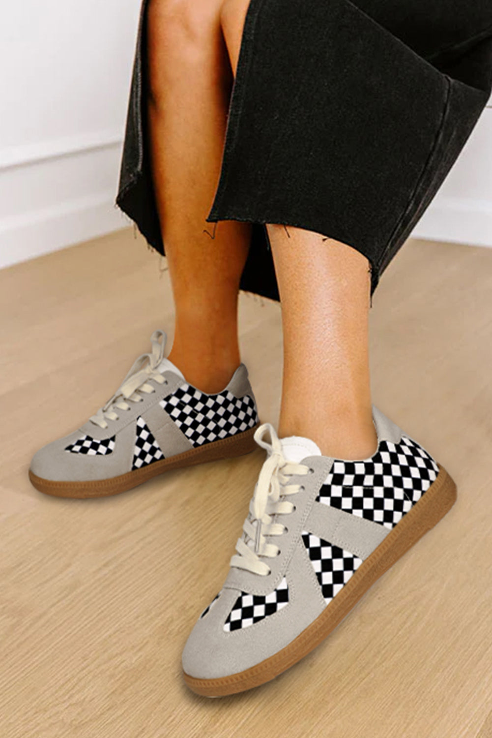 Black Checkerboard Patchwork Lace-up Flat Leatherette Shoes Women's Shoes JT's Designer Fashion