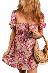 Red Floral Puff Sleeve Square Neck Knot Open Back Mini Dress Floral Dresses JT's Designer Fashion