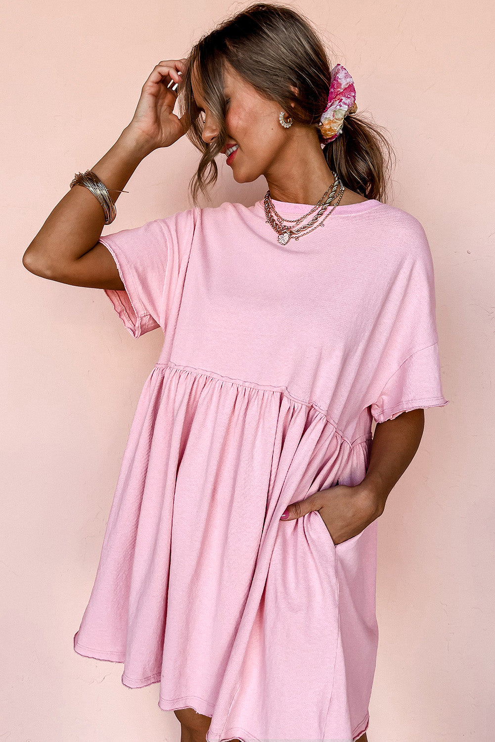 Light Pink Solid Color Pocketed Raw Edge Babydoll Dress Mini Dresses JT's Designer Fashion