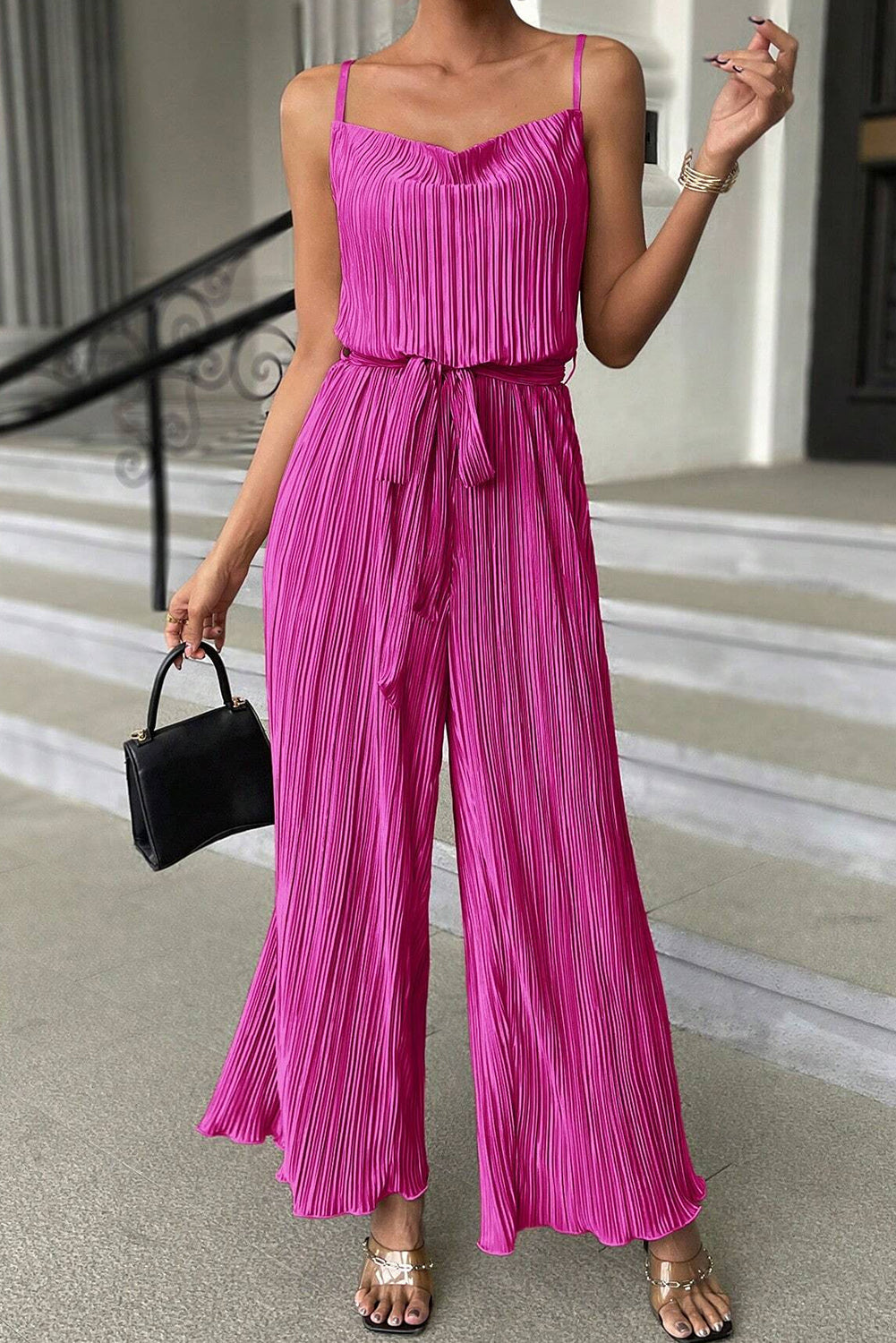 Bright Pink Spaghetti Straps Drape Front Pleated Wide Leg Jumpsuit Bottoms JT's Designer Fashion