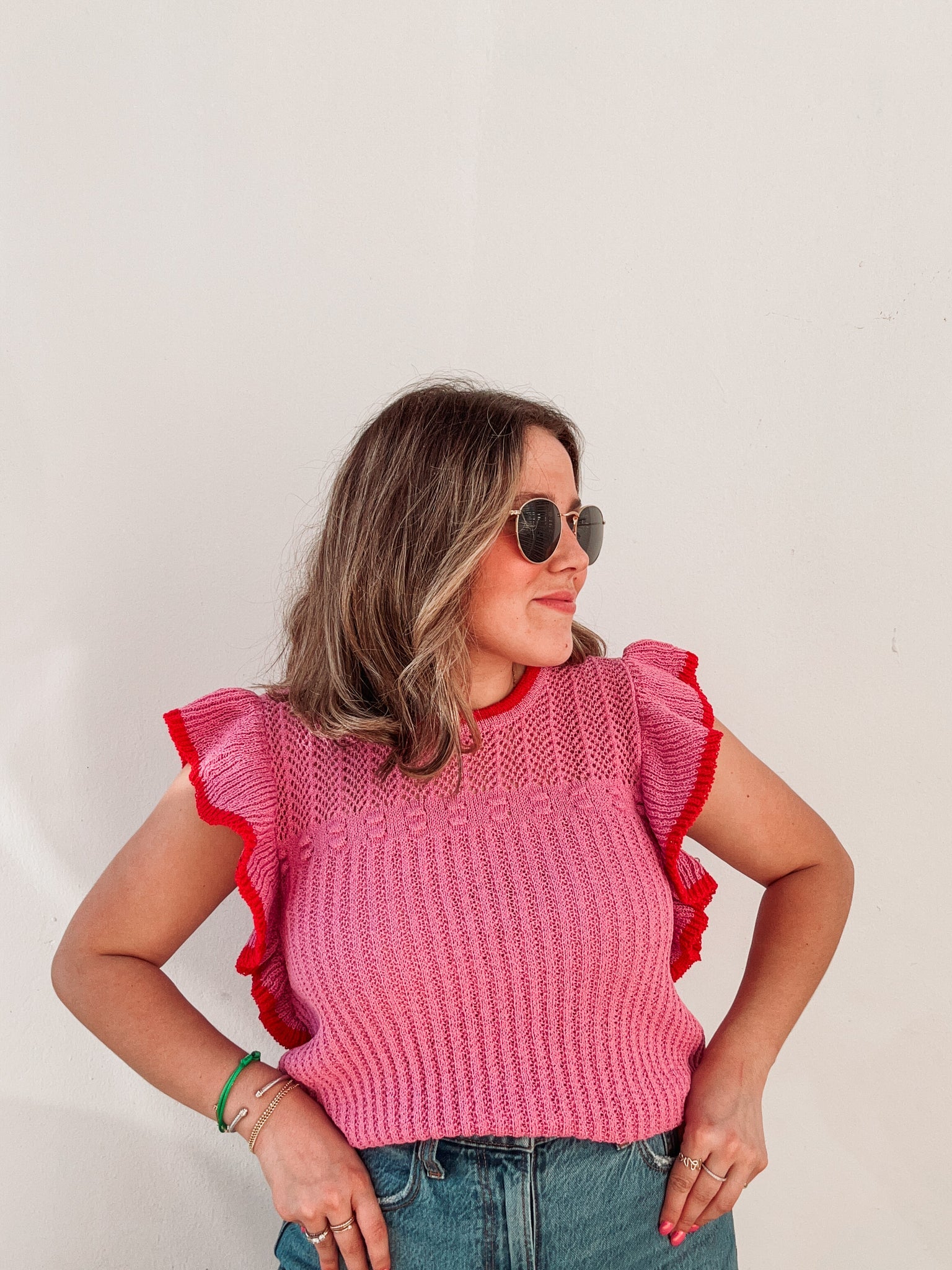 Rose Red Ruffled Contrast Trim Plus Size Short Sleeve Sweater Plus Size JT's Designer Fashion