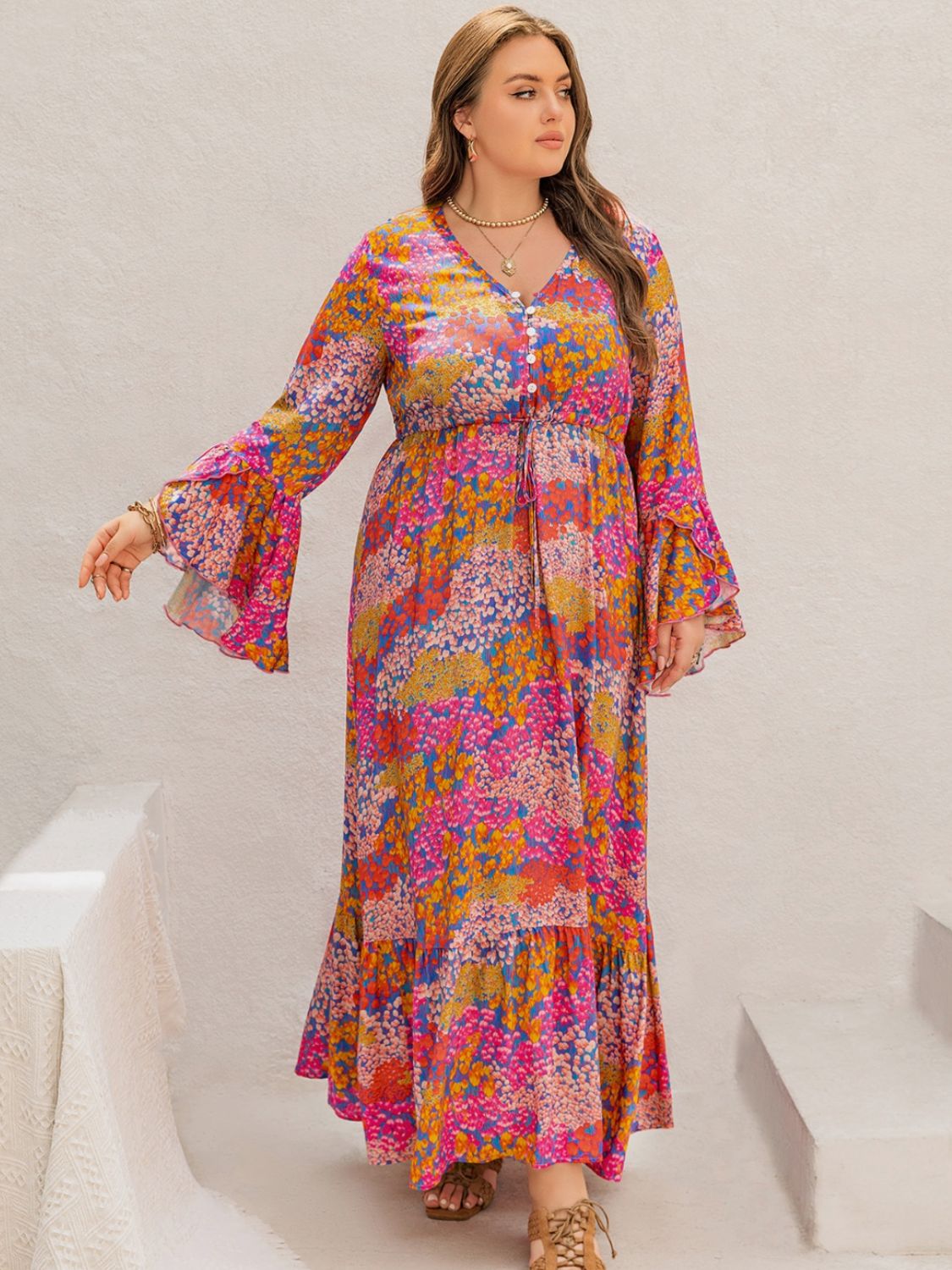 Plus Size Printed V-Neck Long Sleeve Maxi Dress Maxi Dresses JT's Designer Fashion