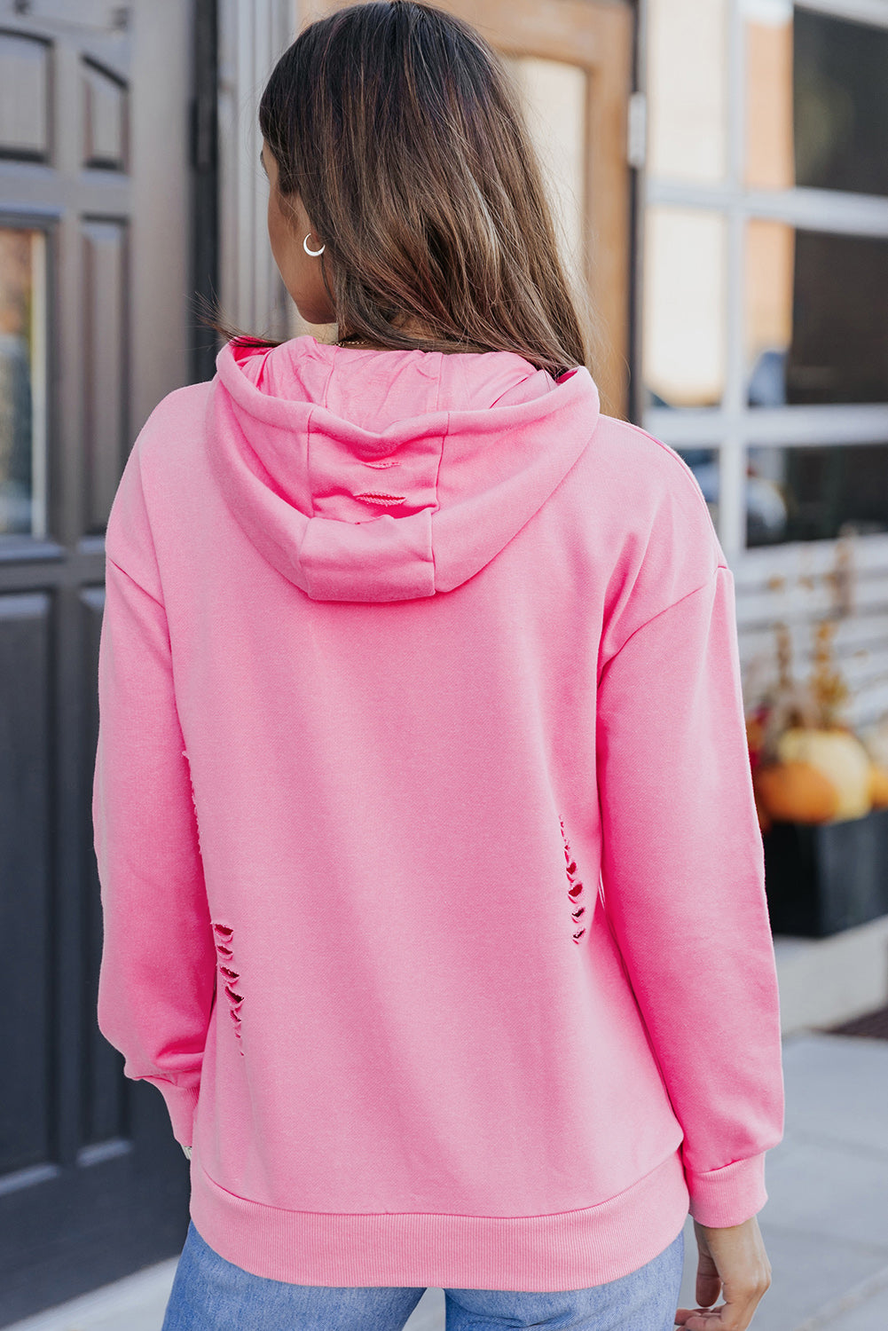 Pink Solid Ripped Hooded Sweatshirt with Kangaroo Pocket Sweatshirts & Hoodies JT's Designer Fashion