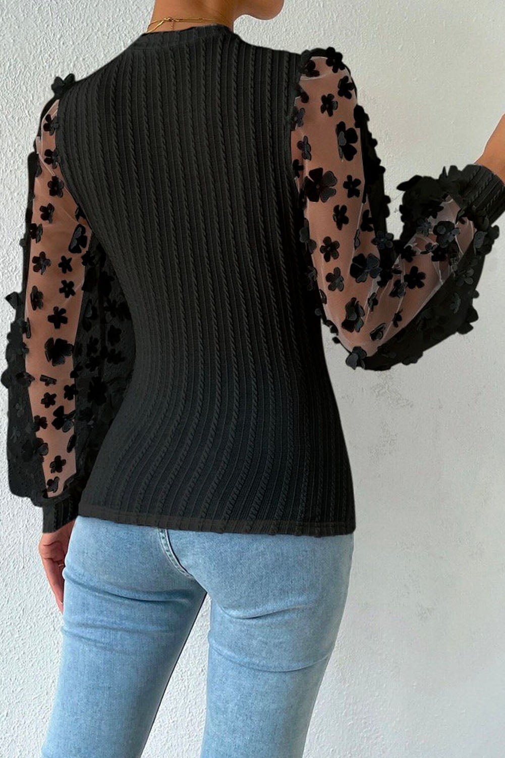 Black Floral Applique Mesh Sleeves Textured Knit Blouse Blouses & Shirts JT's Designer Fashion