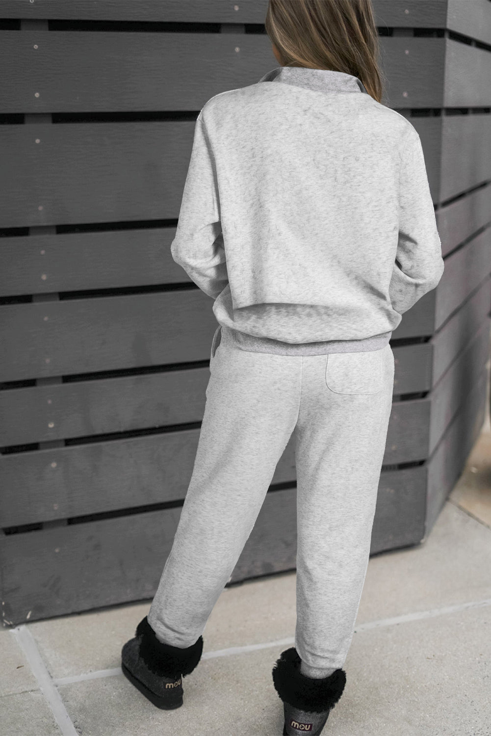 Light Grey Solid Zip Pullover Top and Drawstring Joggers Set Pant Sets JT's Designer Fashion