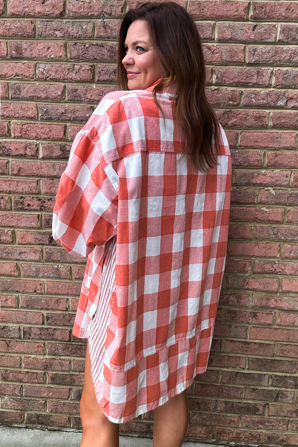 Pink Oversized Plaid Puff Sleeve Round Hem Shirt Dress Mini Dresses JT's Designer Fashion