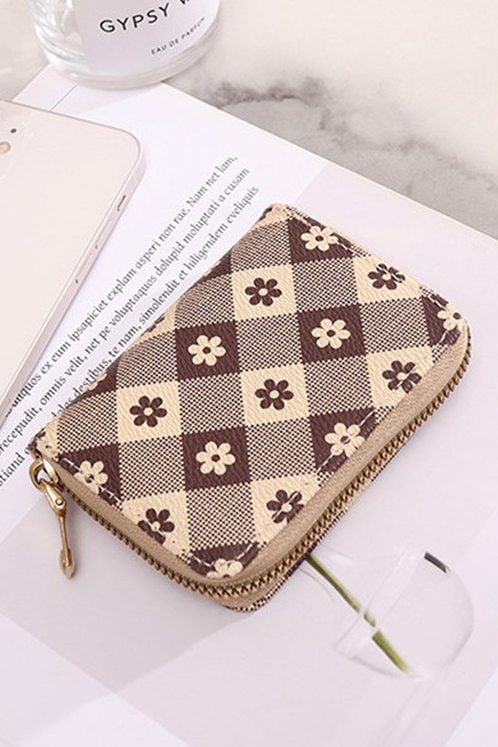 Khaki Flower Checkered PU Leather Wallet Handbags JT's Designer Fashion